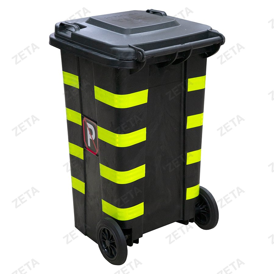 Мусорный бак с крышкой на колёсах, чёрный, со светоотражающей лентой (140 л.)