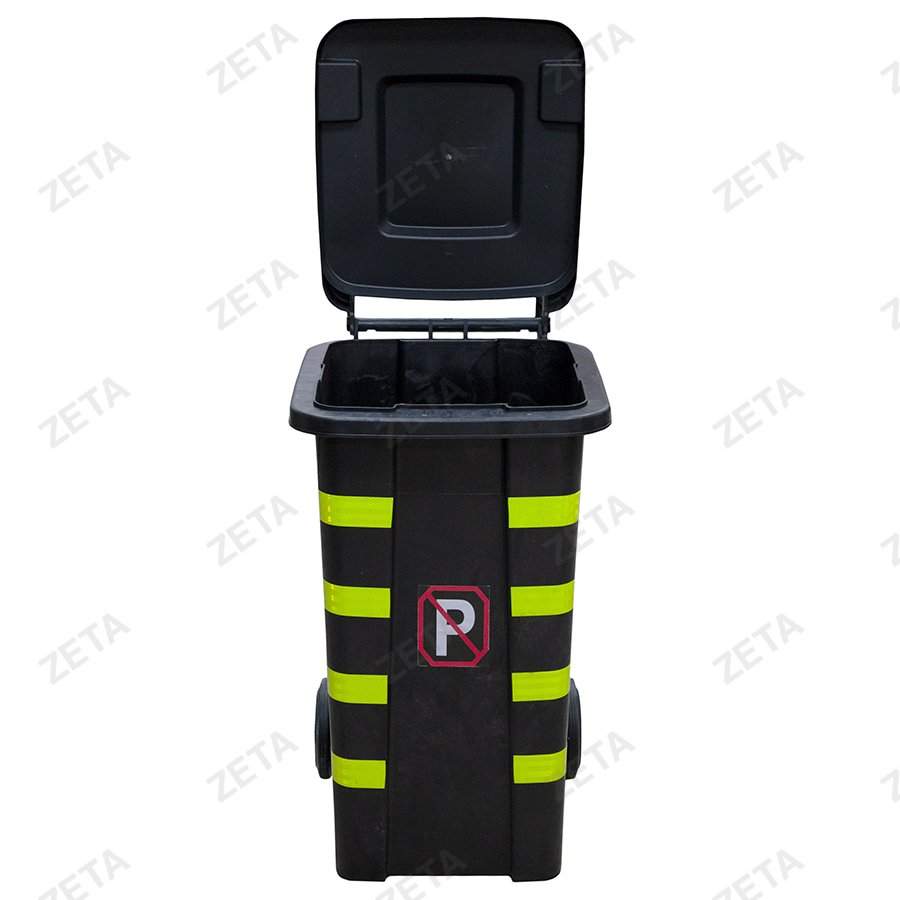 Мусорный бак с крышкой на колёсах, чёрный, со светоотражающей лентой (140 л.)