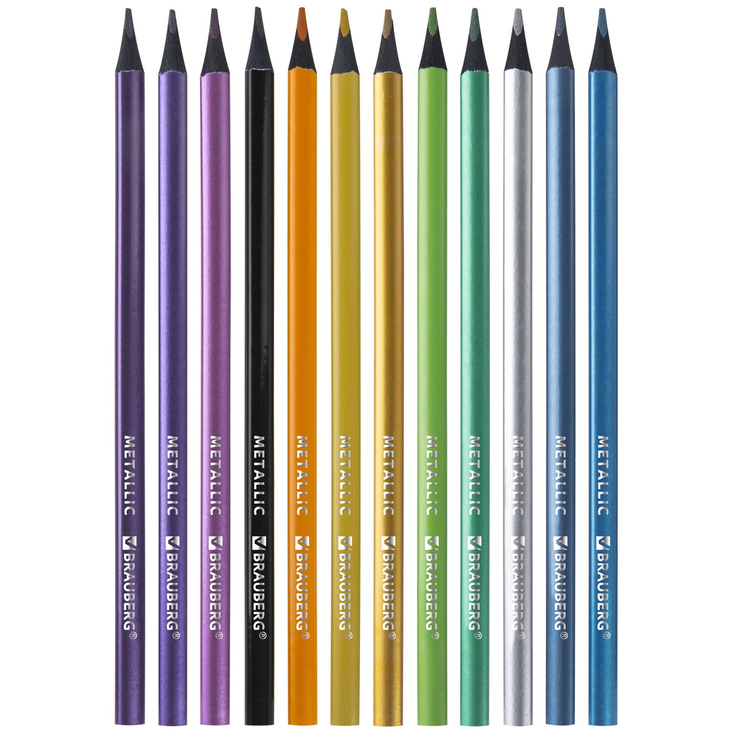 Карандаши цветные BRAUBERG METALLIC, 12 цветов металлик, трехгранные, грифель 3 мм, черное дерево, 1818531